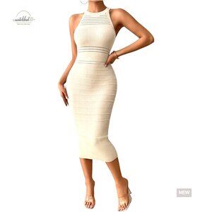 Crochet Halter Midi Dress Sleeveless Bodycon Summer Sundress Prom Wedding Guest